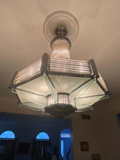 Atelier Petitot FRENCH ART DECO NICKELED BRONZE AND GLASS CHANDELIER BY ATELIER PETITOT