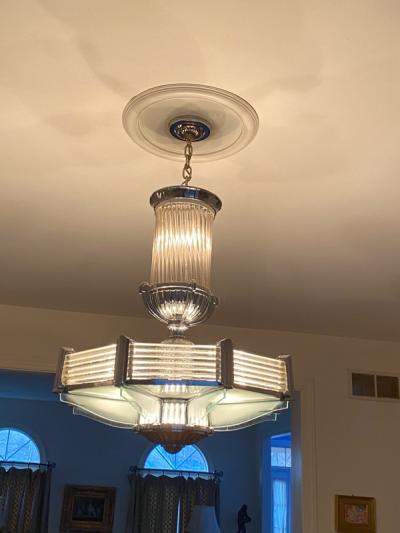 Atelier Petitot FRENCH ART DECO NICKELED BRONZE AND GLASS CHANDELIER BY ATELIER PETITOT