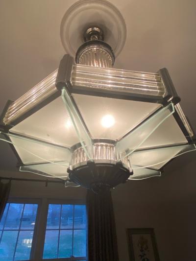 Atelier Petitot FRENCH ART DECO NICKELED BRONZE AND GLASS CHANDELIER BY ATELIER PETITOT