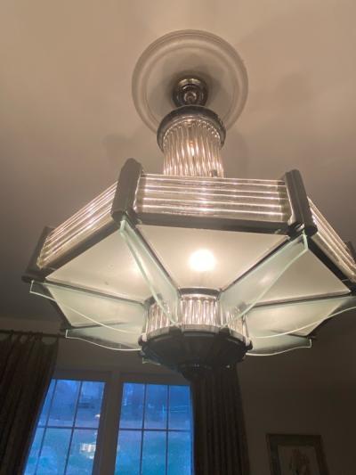 Atelier Petitot FRENCH ART DECO NICKELED BRONZE AND GLASS CHANDELIER BY ATELIER PETITOT