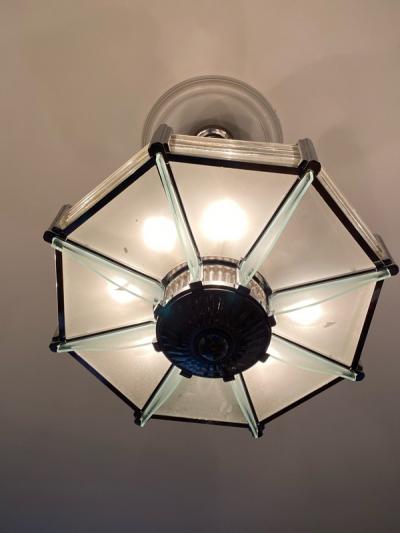 Atelier Petitot FRENCH ART DECO NICKELED BRONZE AND GLASS CHANDELIER BY ATELIER PETITOT