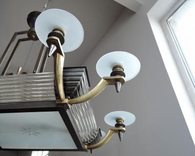 Atelier Petitot Fine French Art Deco Brass and Glass Chandelier by Petitot