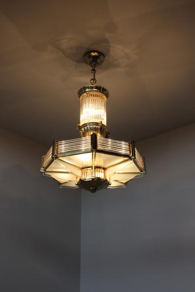 Atelier Petitot Fine French Art Deco Octagonal Bronze and Glass Chandelier by Petitot