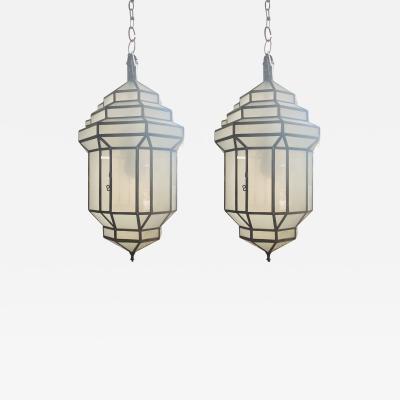 Atlas Showroom Art Deco Style White Milk Glass Handmade Chandelier Pendant Lantern a Pair