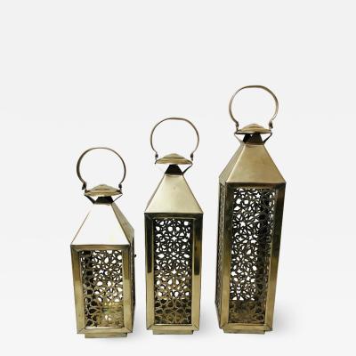Atlas Showroom Moroccan Candle Lantern Holder White Brass in Arabesque Design Set of Three