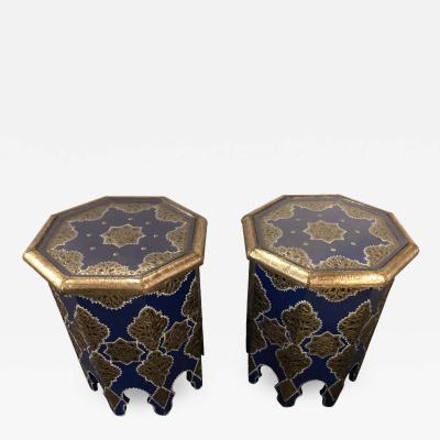 Atlas Showroom Pair of Moroccan Silver Metal Brass Inlaid Side Tables in Blue Majorelle