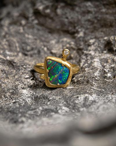 Audrius Krulis Fiery Boulder Opal Diamond Yellow Gold One of a Kind Ring Audrius Krulis 2025