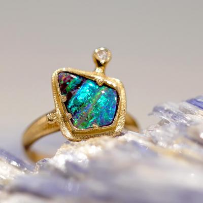 Audrius Krulis Fiery Boulder Opal Diamond Yellow Gold One of a Kind Ring Audrius Krulis 2025