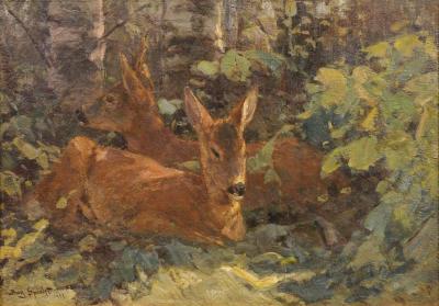 August Specht August Specht 1917 Oil Painting Titled Deer in the Woods in Old Fir Tree Frame