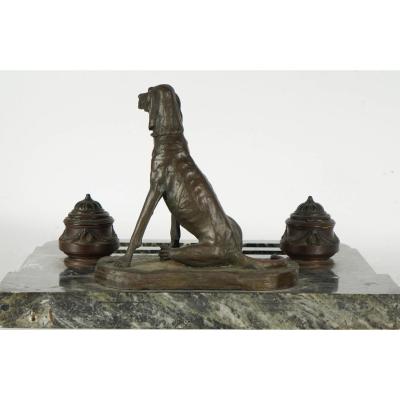 Auguste Cain Antique Auguste Nicholas Cain Bronze Marble Dog Sculpture Inkwell