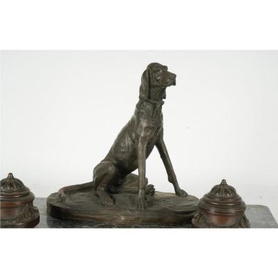 Auguste Cain Antique Auguste Nicholas Cain Bronze Marble Dog Sculpture Inkwell