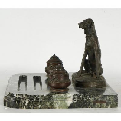 Auguste Cain Antique Auguste Nicholas Cain Bronze Marble Dog Sculpture Inkwell