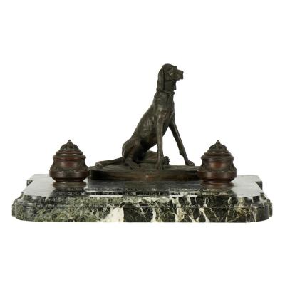 Auguste Cain Antique Auguste Nicholas Cain Bronze Marble Dog Sculpture Inkwell