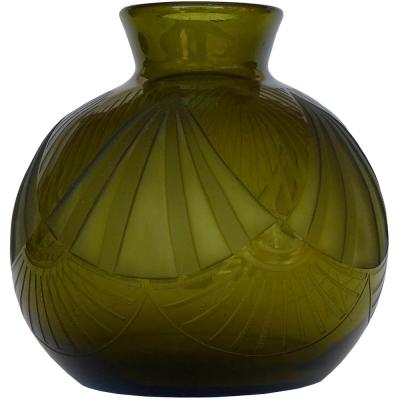 Auguste Claude Heiligenstein Art Deco Moss Green Glass Vase Signed Legras