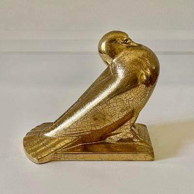 Auguste Heng Auguste Heng 1891 1968 Art Deco Ceramic Gold Peacock Pigeon