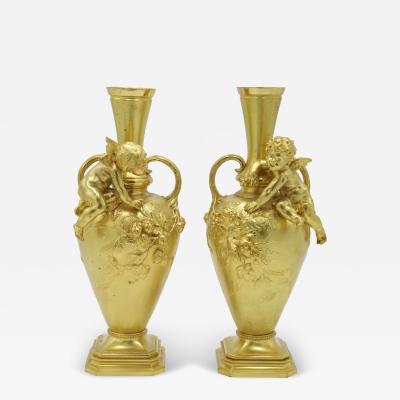 Auguste Moreau Pair of French Victorian Moreau Bronze Dore Vases