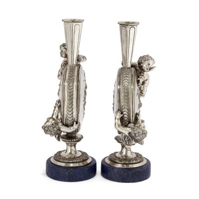 Auguste Moreau Pair of Silvered Bronze and Lapis Lazuli Cherub Vases by Auguste Moreau