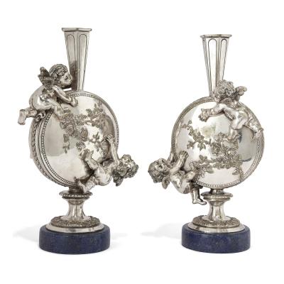 Auguste Moreau Pair of Silvered Bronze and Lapis Lazuli Cherub Vases by Auguste Moreau