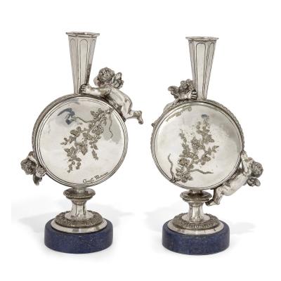 Auguste Moreau Pair of Silvered Bronze and Lapis Lazuli Cherub Vases by Auguste Moreau
