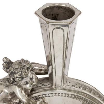 Auguste Moreau Pair of Silvered Bronze and Lapis Lazuli Cherub Vases by Auguste Moreau