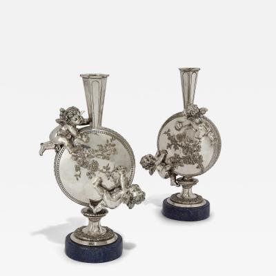 Auguste Moreau Pair of Silvered Bronze and Lapis Lazuli Cherub Vases by Auguste Moreau