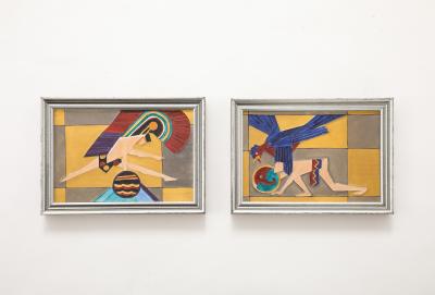 Augustin Lazo Pair of Art Deco Tiles with Aztec Motif