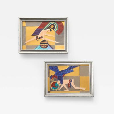 Augustin Lazo Pair of Art Deco Tiles with Aztec Motif
