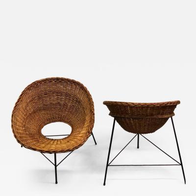 Augusto Bozzi Italian Midcentury Iron and Rattan Lounge Chairs Augusto Bozzi Attributed Pair