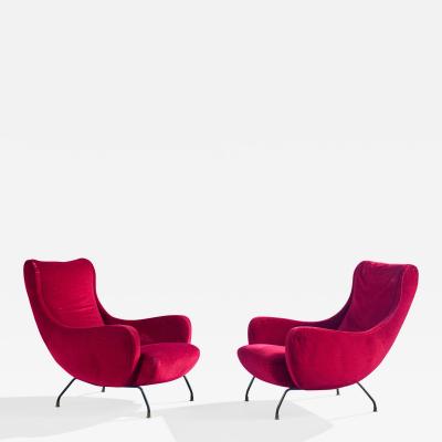 Augusto Bozzi Lounge Chairs with Velvet Iron and Brass Italy 1960s