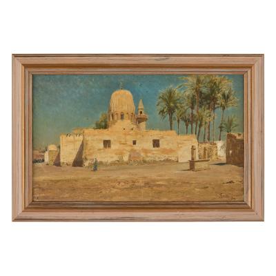 Augusto Lovatti Antique Italian Orientalist oil painting of a mosque in Cairo by Lovatti