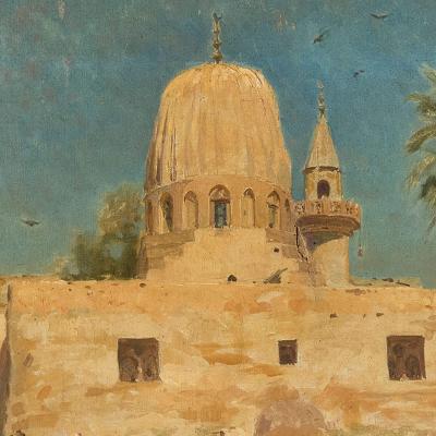 Augusto Lovatti Antique Italian Orientalist oil painting of a mosque in Cairo by Lovatti