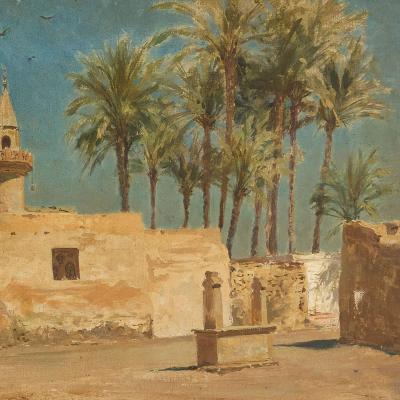 Augusto Lovatti Antique Italian Orientalist oil painting of a mosque in Cairo by Lovatti