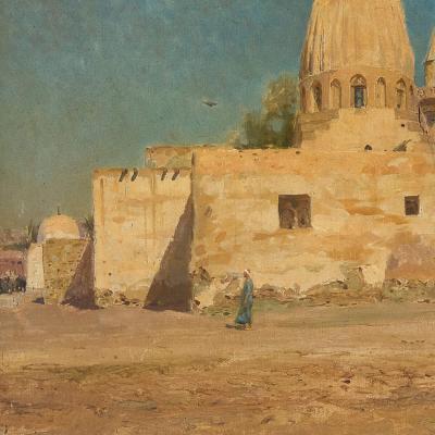 Augusto Lovatti Antique Italian Orientalist oil painting of a mosque in Cairo by Lovatti