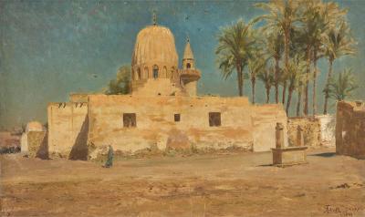 Augusto Lovatti Antique Italian Orientalist oil painting of a mosque in Cairo by Lovatti