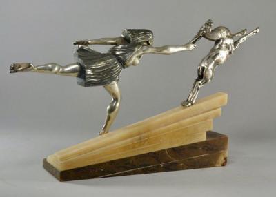 Aurore Onu Silvered Bronze Art Deco Statue by Aurore Onu Chasing the Hind 