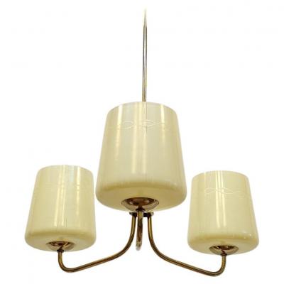 Austrian Mid Century Brass Opaline Glass Chandelier