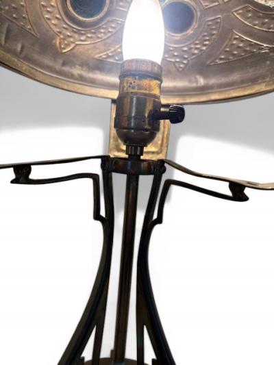 Austrian Secessionist Arts and Craft brass lamp with glass jewels in shade