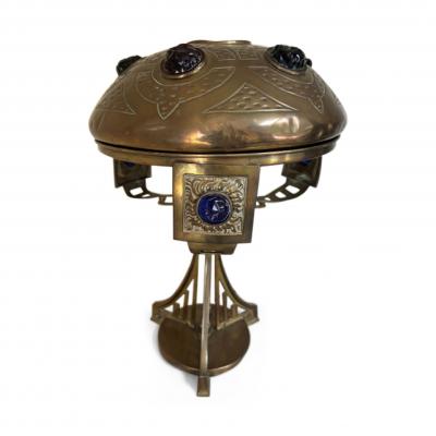 Austrian Secessionist Arts and Craft brass lamp with glass jewels in shade