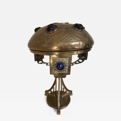 Austrian Secessionist Arts and Craft brass lamp with glass jewels in shade