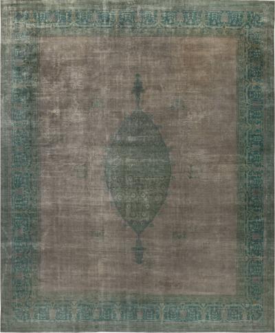 Authentic 1900s Large Antique Turkish Borlou Green Brown Handmade Wool Rug