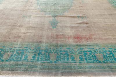 Authentic 1900s Large Antique Turkish Borlou Green Brown Handmade Wool Rug