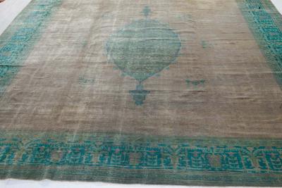 Authentic 1900s Large Antique Turkish Borlou Green Brown Handmade Wool Rug