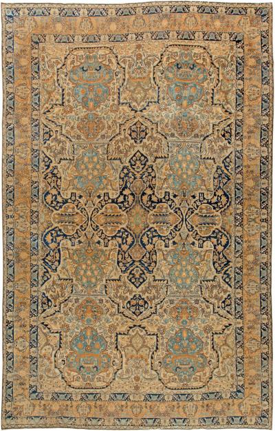 Authentic 1900s Persian Kirman Botanic Handmade Wool Carpet