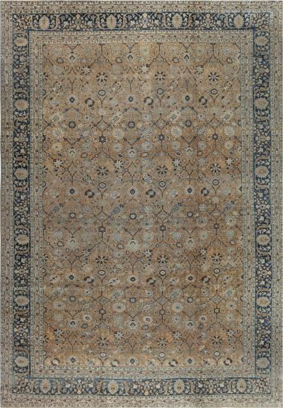 Authentic 1900s Persian Tabriz Blue Yellow Handmade Wool Rug