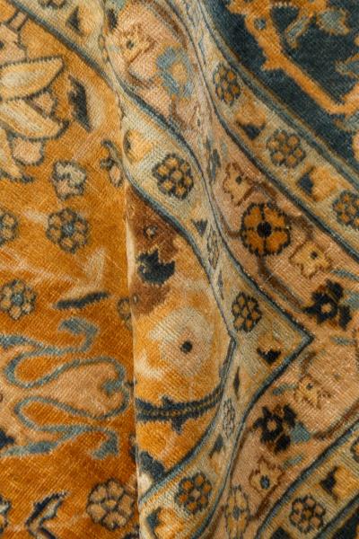 Authentic 1900s Persian Tabriz Blue Yellow Handmade Wool Rug