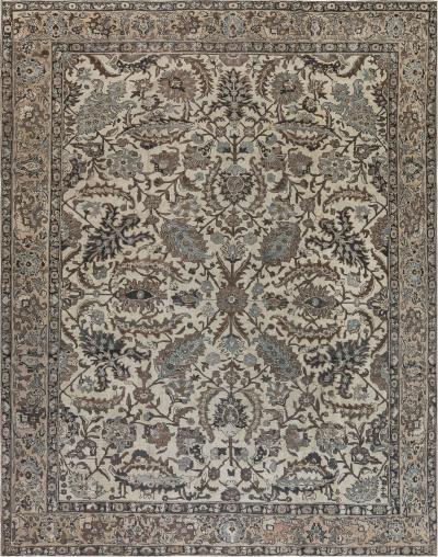 Authentic 1900s Tabriz Ivory Blue and Brown Handmade Wool Rug