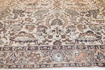 Authentic 1900s Tabriz Ivory Blue and Brown Handmade Wool Rug