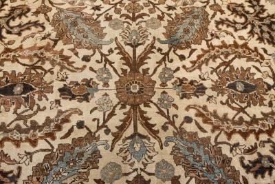 Authentic 1900s Tabriz Ivory Blue and Brown Handmade Wool Rug