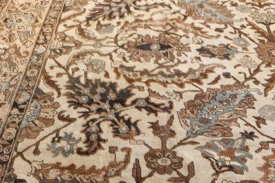 Authentic 1900s Tabriz Ivory Blue and Brown Handmade Wool Rug
