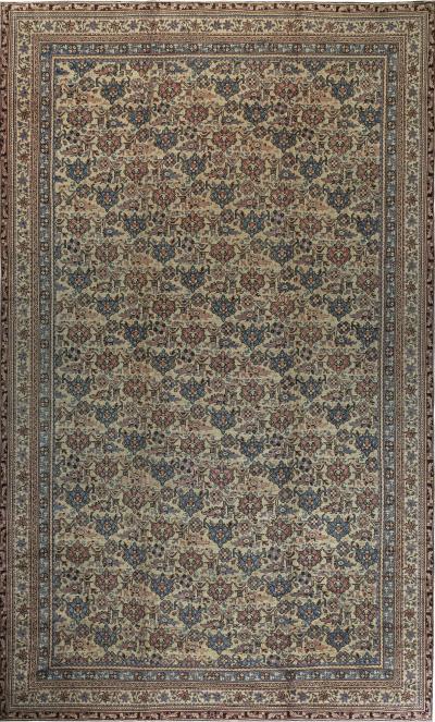 Authentic 1900s Turkish Oushak Botanic Blue Beige Pink Handmade Wool Carpet